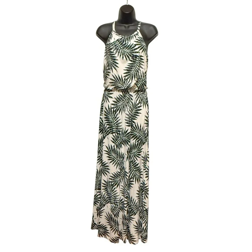 C&C California sz S Palm Leaf Print Halter Tropical Maxi Dress Black White - Picture 2 of 9